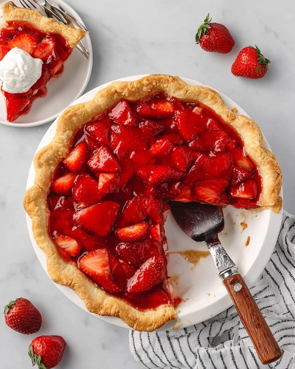 A white plate holds a strawberry pie with a thick, golden-baked crust that has a crimped edge. The pie filling is bright red with visible chunks of fresh strawberries covered in shiny glaze, showing a thick and juicy texture. A slice has been removed from the pie, and a large silver pie server with a wooden handle rests in the empty space, partly under the pie. Nearby, a few whole and halved fresh strawberries are placed on the white marbled surface. In the top left corner, there is a small white plate with a slice of the same pie topped with a dollop of white whipped cream and two strawberry slices, with a silver fork beside it. A white and black striped cloth is partially visible under the main plate. Photo taken with an iphone --ar 4:5 --v 7