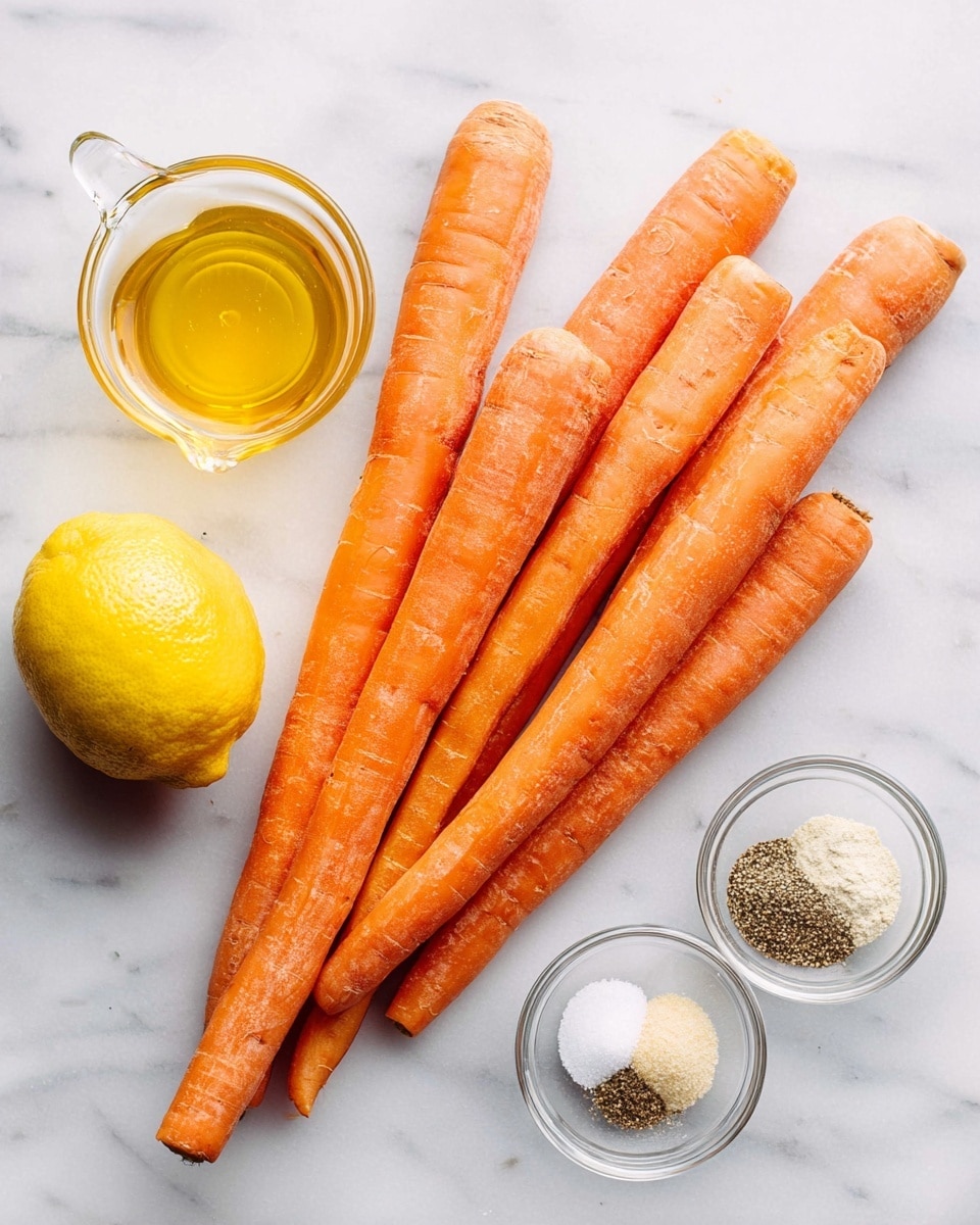A group of fresh whole carrots with a bright orange color and slightly rough texture are arranged on the right side of a white marbled surface. On the left side, there is a whole yellow lemon with a textured peel at the bottom, above it is a small clear glass bowl filled with golden honey. Next to the honey, there is a small round clear glass container with a spout filled with light yellow oil. Between the oil and the carrots, a small clear glass bowl holds three piles of spices and salt in white, black, and beige shades. The items are neatly spaced on the white marbled surface. Photo taken with an iphone --ar 4:5 --v 7