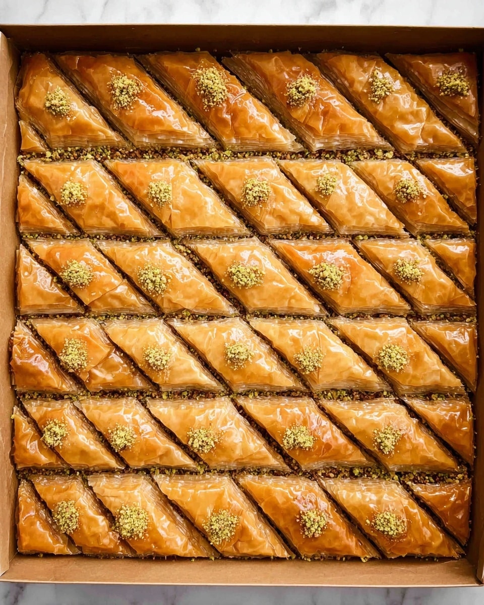 The image shows a tray of baklava cut into diamond-shaped pieces arranged neatly in rows and columns. The top layer is a shiny, golden-brown, thin and flaky pastry with a slight gloss from syrup or butter. Each diamond has a small sprinkle of crushed nuts on top, providing a textured contrast. Beneath the top pastry layer, there are several layers of finely chopped nuts mixed with spices visible through slight gaps, with thin crisp layers of pastry in between. The baklava fills a rectangular tray with straight edges and a light brown color, placed on a white marbled surface. photo taken with an iphone --ar 4:5 --v 7