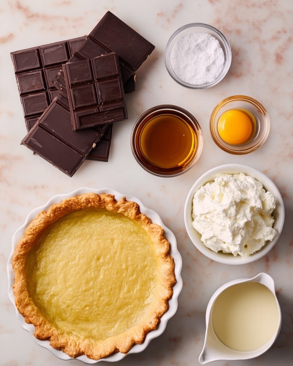 The image shows ingredients for a dessert arranged on a white marbled surface. At the bottom left, there's a golden-brown pie crust in a white plate with a crimped edge. Above it to the left are two large dark chocolate bars stacked, with one smaller piece on top. Around these are four small bowls: one with white granulated salt, one with a golden brown liquid, one with fluffy white whipped cream, and one with a single raw egg yolk in clear yellow liquid. At the bottom right, there is a small white pouring jug filled with a pale cream liquid. photo taken with an iphone --ar 4:5 --v 7