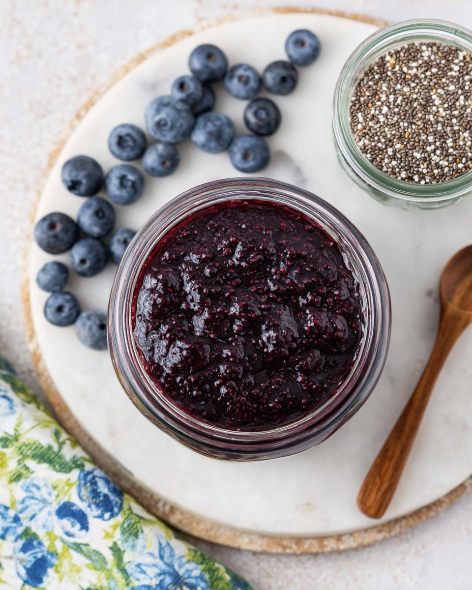A clear glass jar filled with a thick, dark purple blueberry jam showing many small seeds on top, placed on a round white marbled plate. To the upper right of the jar, there is a small clear glass jar filled with a mix of brown and white chia seeds with a small wooden spoon inside. Scattered blueberries are placed on the white marbled surface around the jars, and a cloth with green, blue, and white floral print is partially visible on the lower left corner. The background shows a white marbled texture as well. photo taken with an iphone --ar 4:5 --v 7