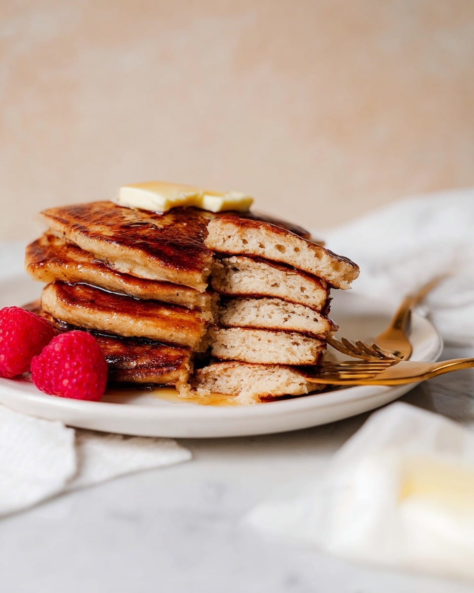 A stack of five thick, golden-brown pancakes sits on a white plate on a white marbled surface. The top pancake has two small pieces of butter melting on it. Beside the stack, a golden fork holds three small slices of pancake, showing a soft, light brown inside. Two bright red raspberries rest near the fork on the plate. In the foreground, there is a blurred white butter wrapper. The background is a plain light beige. photo taken with an iphone --ar 4:5 --v 7