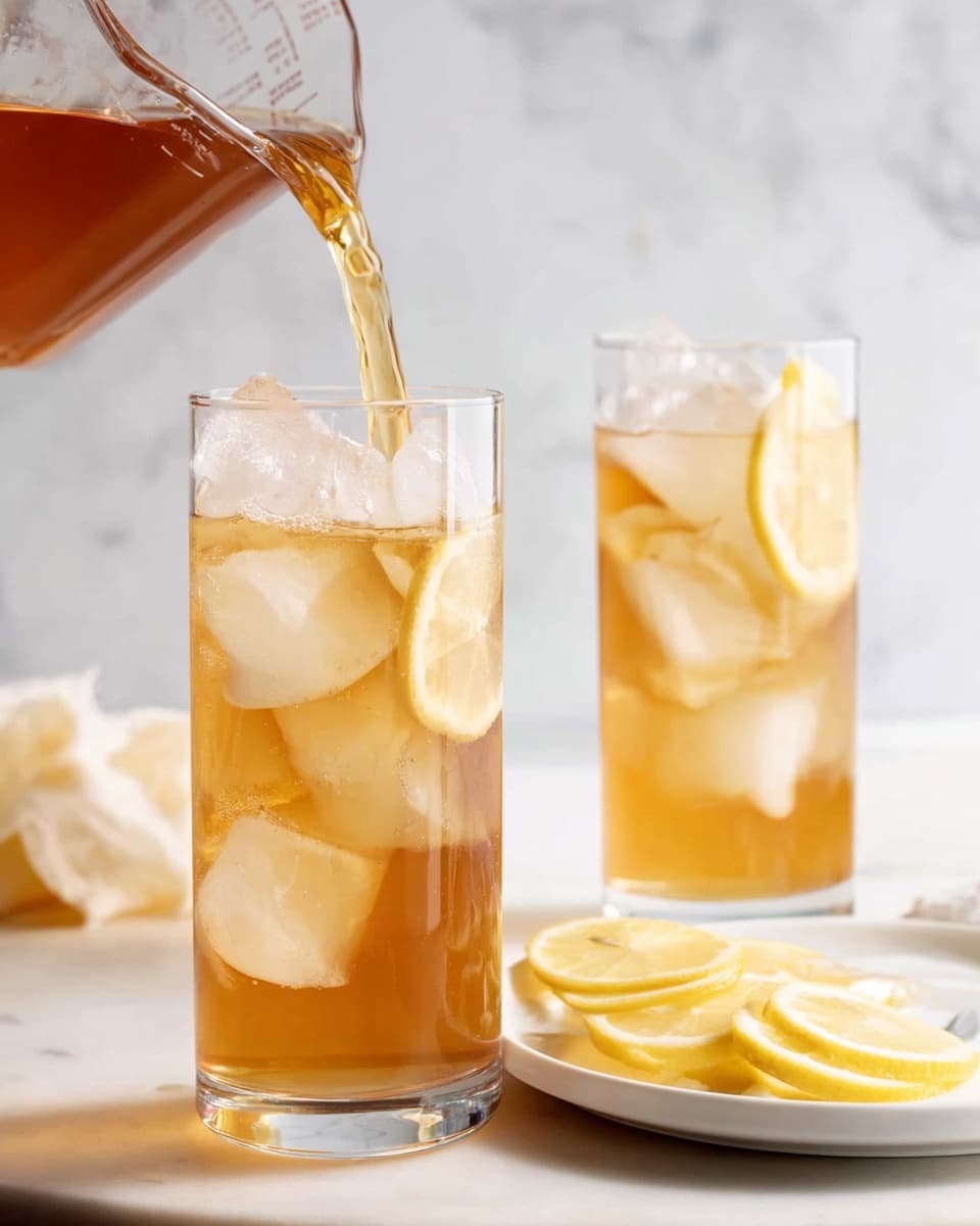 The image shows two tall clear glasses filled with light brown iced tea and large clear ice cubes. One glass is being filled with tea from a clear measuring cup with amber liquid flowing gently over the ice. Both glasses have thin lemon slices inside them, adding a touch of yellow. In the background, there is a white plate with several lemon slices arranged neatly on a white marbled surface. The setting feels fresh and bright, with soft lighting highlighting the crisp texture of the ice and the clarity of the glass. photo taken with an iphone --ar 4:5 --v 7