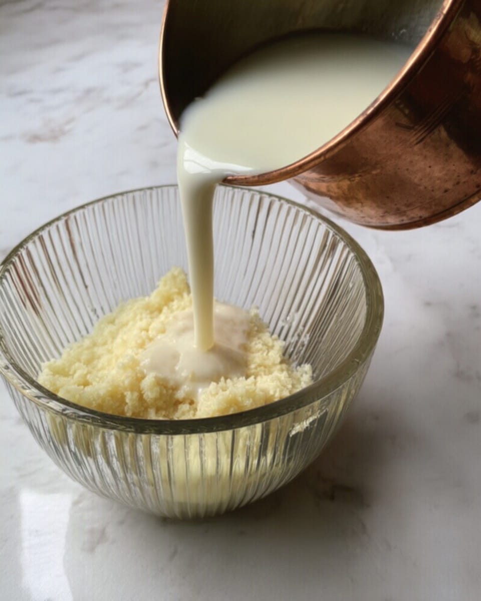 A clear glass bowl with vertical ridges contains a grainy, pale yellow mashed mixture that fills about half the bowl. A copper pot is tilted above the bowl, pouring a smooth, milky white liquid over the mixture. The bowl sits on a white marbled surface. Photo taken with an iphone --ar 4:5 --v 7