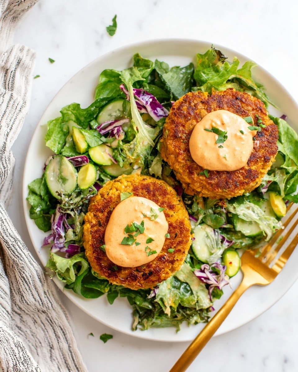 A white plate on a white marbled surface holds two golden brown corn patties, each topped with a dollop of creamy orange sauce and sprinkled with small green herb leaves. The patties rest on a bed of mixed green salad made of shredded kale, cabbage, and small pieces of purple cabbage, adding green and light purple colors with a fresh texture. A gold fork sits on the left side of the plate, angled slightly with its tines pointing to the top left. A half lime is placed at the top left corner on the marbled surface, and a small bowl with black pepper is at the bottom right corner. Photo taken with an iphone --ar 4:5 --v 7