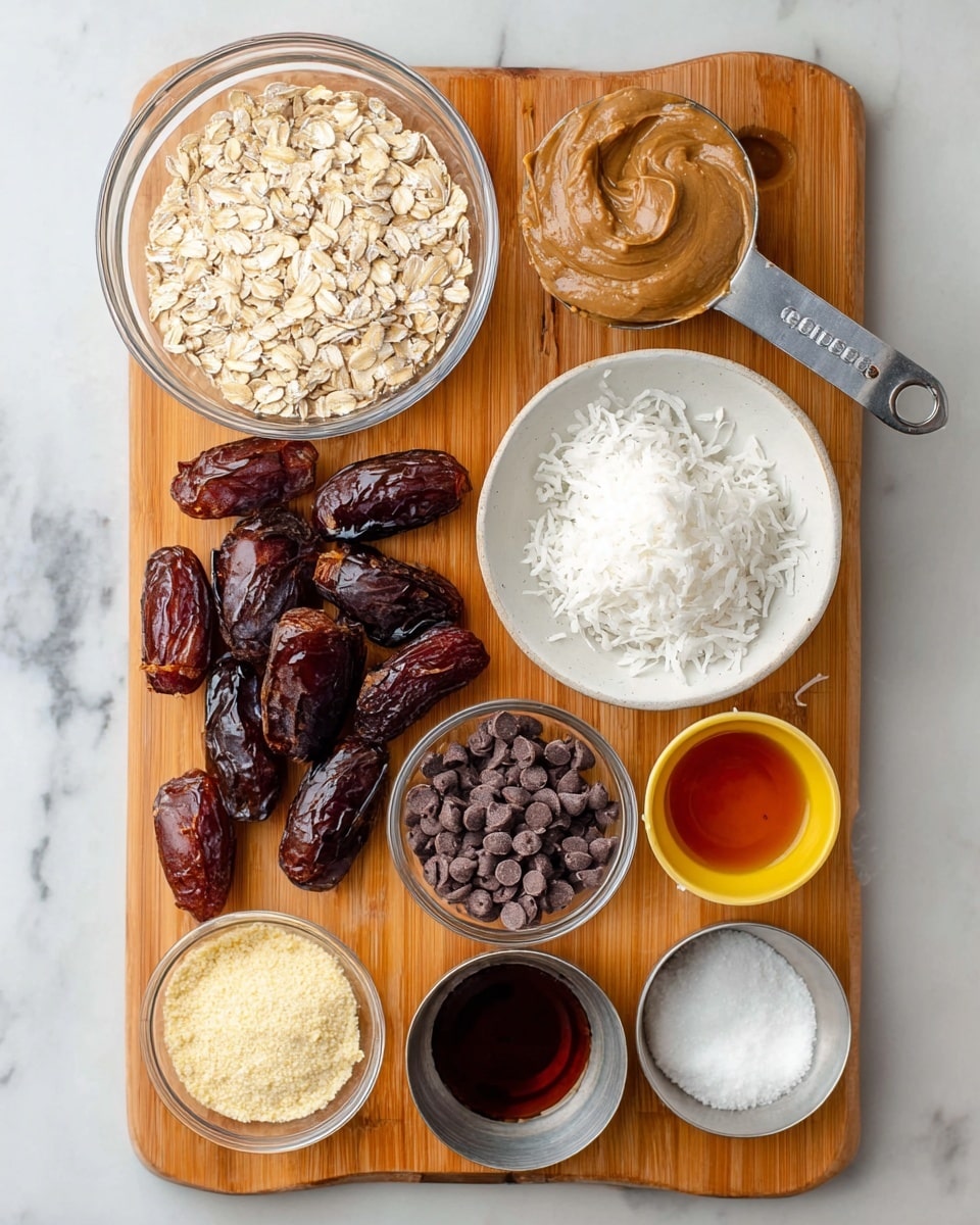 A wooden board on a white marbled surface holds several ingredients, including a clear glass bowl filled with light beige rolled oats at the top left and a metal measuring spoon with creamy light brown almond butter on the top right. Below the oats, a white bowl contains shredded white coconut, while next to it in the center are dark brown fresh dates in a cluster. Toward the bottom left, a measuring cup holds pale yellow powder, and next to it, a glass bowl is filled with dark chocolate chips. On the right side of the dates, a small yellow cup holds amber-colored liquid, and a metal bowl beside it contains a darker brown liquid. At the bottom right, a white bowl has a dollop of white coconut oil. photo taken with an iphone --ar 4:5 --v 7