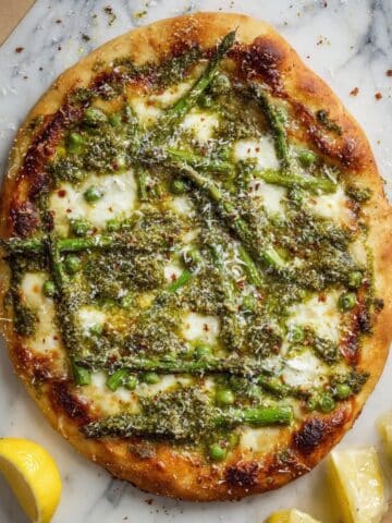 Pistachio Pesto Pizza with Asparagus, Peas, and Micro Greens Recipe