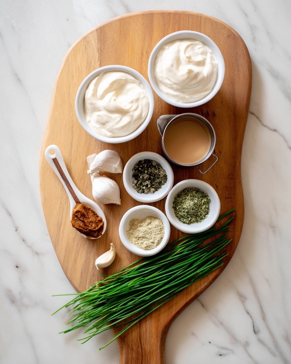 A wooden board with a rounded handle on a white marbled surface holds several ingredients neatly arranged. At the top are two white bowls side by side, each filled with thick, creamy white and pale cream mixtures. Below them is a small metal cup with light brown liquid. To the left, a white spoon with a wooden handle holds a brown paste, next to two peeled garlic cloves. On the right is a small white bowl containing four sections of dried herbs and spices in green, black, beige, and light green colors. Fresh green chives lay across the bottom part of the board. photo taken with an iphone --ar 4:5 --v 7