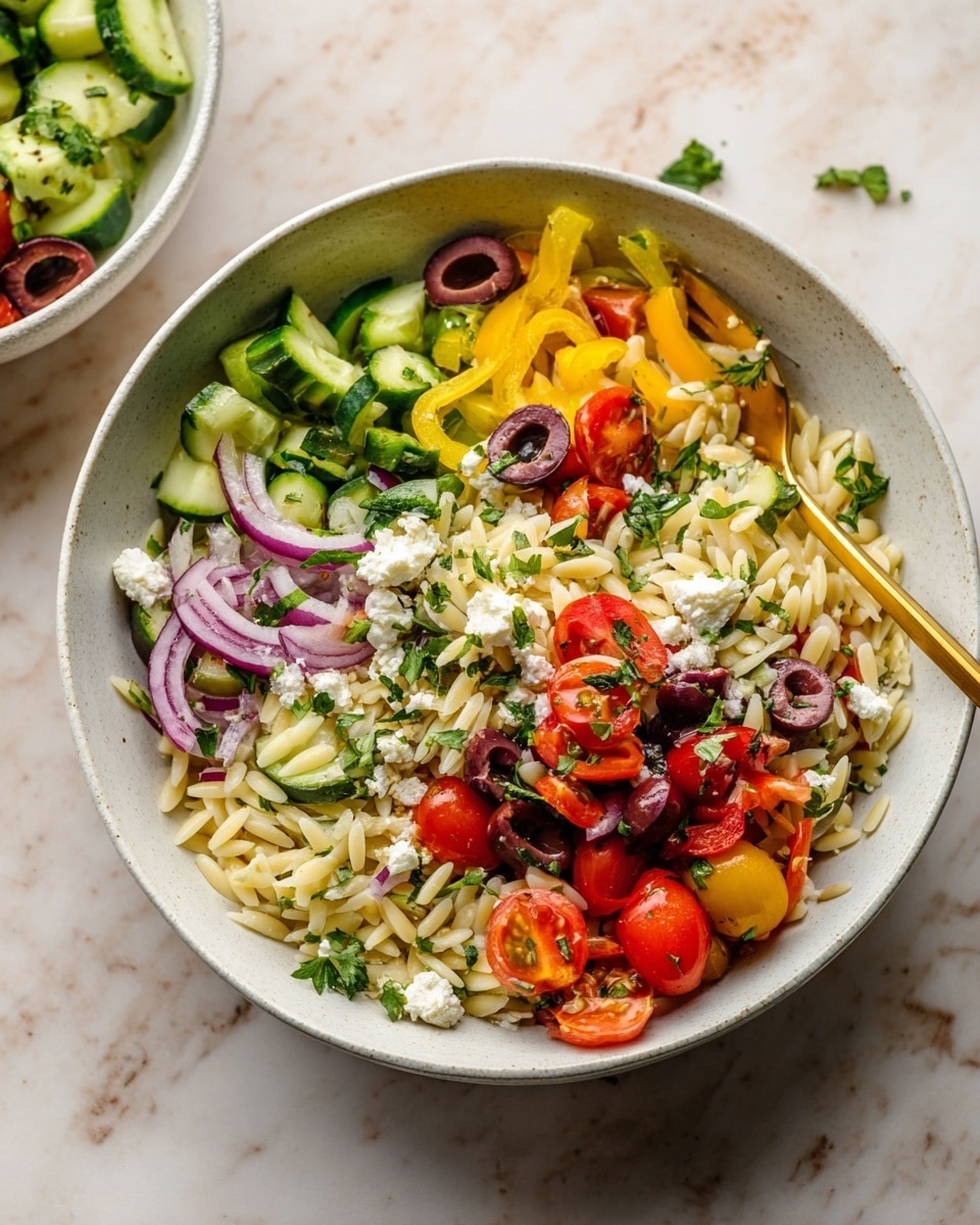 A white bowl sits on a white marbled surface, filled with three main layers of colorful ingredients. The bottom layer is made of light beige orzo pasta with a smooth texture. Above that are chopped vegetables: green cucumber slices, red and yellow bell pepper pieces, halved red and yellow cherry tomatoes, and thin purple onion slices scattered throughout. On top, there are sliced green and black olives, small white crumbles of feta cheese, and finely chopped green herbs sprinkled across the dish. A gold spoon rests inside the bowl with part of its handle visible, and the overall look is fresh and vibrant with mixed textures. Photo taken with an iphone --ar 4:5 --v 7