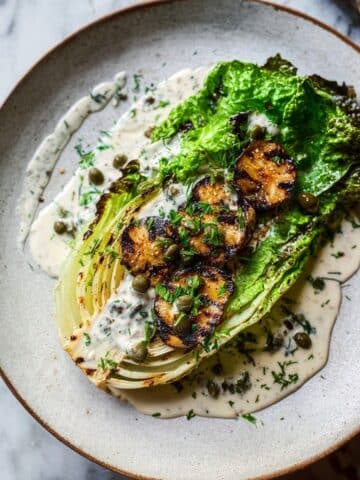 Grilled Romaine Salad with Pan-Seared Maitake Mushrooms and Furikake Dressing Recipe