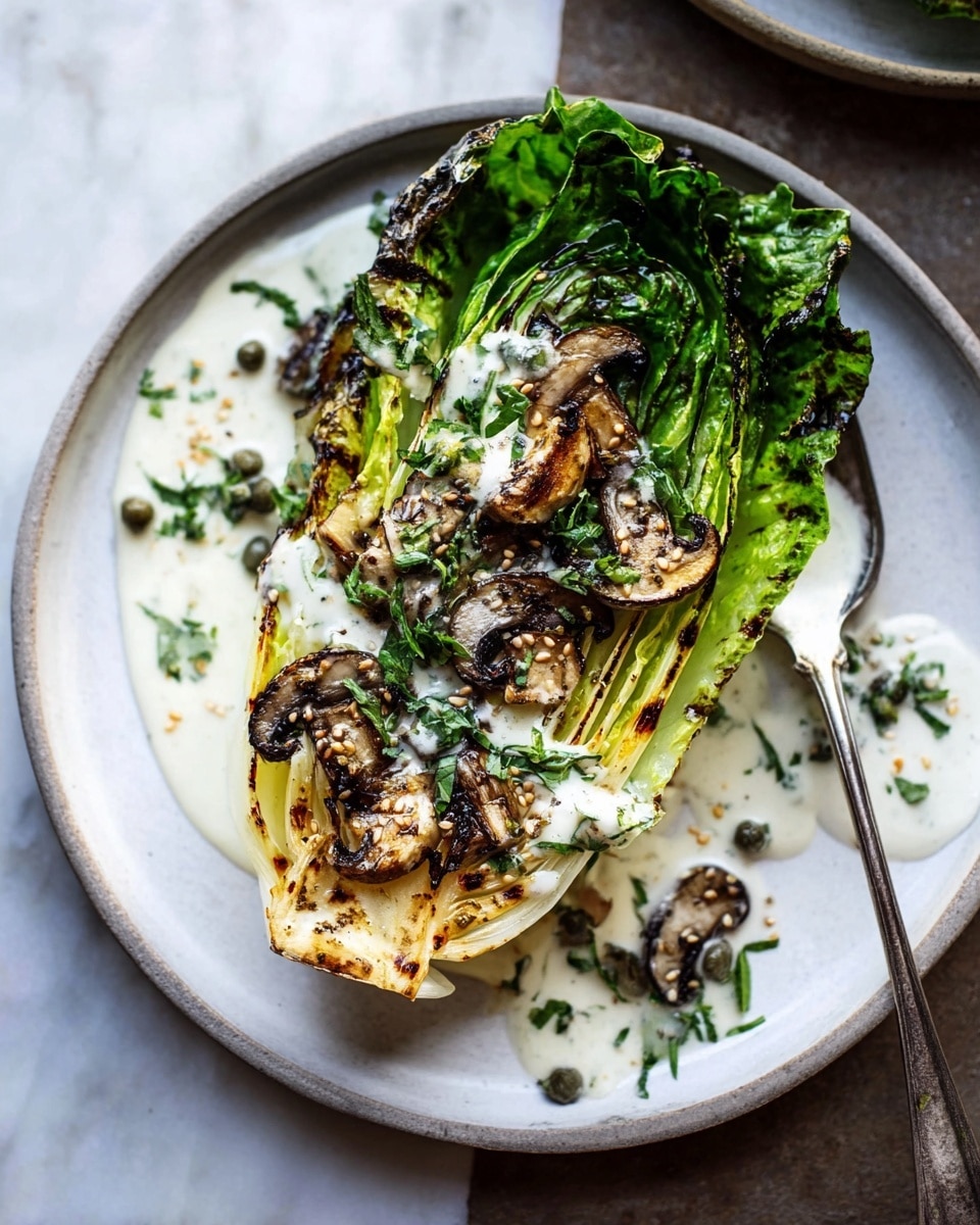 A white plate with a grilled lettuce cut in half, showing bright green leaves with charred edges, layered on the bottom. On top, there are light brown grilled mushroom slices with slight dark grill marks and a sprinkling of sesame seeds and fresh green herbs. A creamy white sauce with small capers is spread beneath and around the lettuce, adding texture and contrast. A silver fork rests on the right side of the plate, all set on a white marbled surface. Photo taken with an iphone --ar 4:5 --v 7
