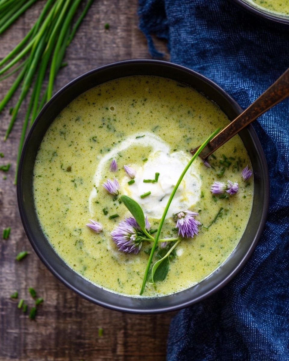 A bowl of creamy green soup with a textured, slightly chunky surface fills the black bowl. The soup has a light green color with visible small bits of herbs. Swirled on top is a dollop of white cream, framed by scattered small purple flower petals and bright green chopped chives. A single long green chive with a small closed flower bud lies across the center. A bronze spoon rests inside the bowl on the left side. The bowl sits on a wooden texture surface with a dark blue cloth in the background. Photo taken with an iphone --ar 4:5 --v 7