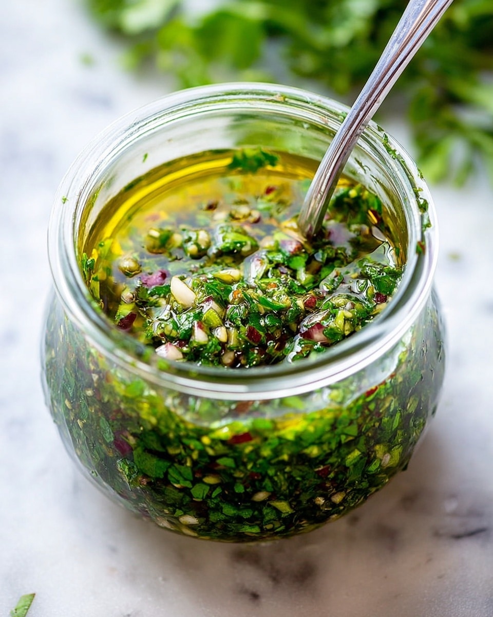 A clear glass jar filled with a green sauce made of finely chopped herbs and small pieces of red onion, mixed in olive oil that gives a shiny, wet texture. There is a silver spoon placed inside the jar on the right side, slightly angled with the handle resting outside. The jar is set on a white marbled surface with blurred green herbs in the background. The sauce looks fresh and vibrant with a mix of green, red, and golden yellow colors. photo taken with an iphone --ar 4:5 --v 7