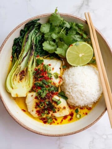Coconut Lemongrass Cod with Seared Baby Bok Choy and Jasmine Rice Recipe