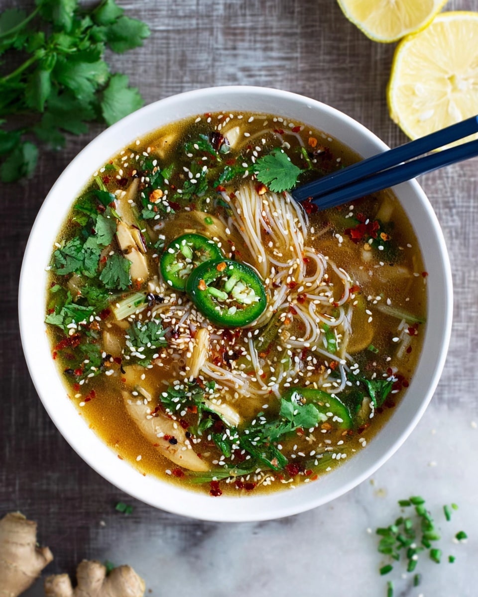 A white bowl filled with clear light brown broth holds thin white noodles submerged in the soup. Green slices of chili peppers float on top along with fresh bright green cilantro leaves spread over the surface. Light beige mushrooms and small green onion pieces rest in the broth as well. Red chili flakes and white sesame seeds sprinkle the bowl for texture. Two blue chopsticks rest inside the bowl, angled slightly to the right. The bowl sits on a white marbled surface with some green chopped herbs, a piece of fresh ginger and half a lemon visible nearby. photo taken with an iphone --ar 4:5 --v 7