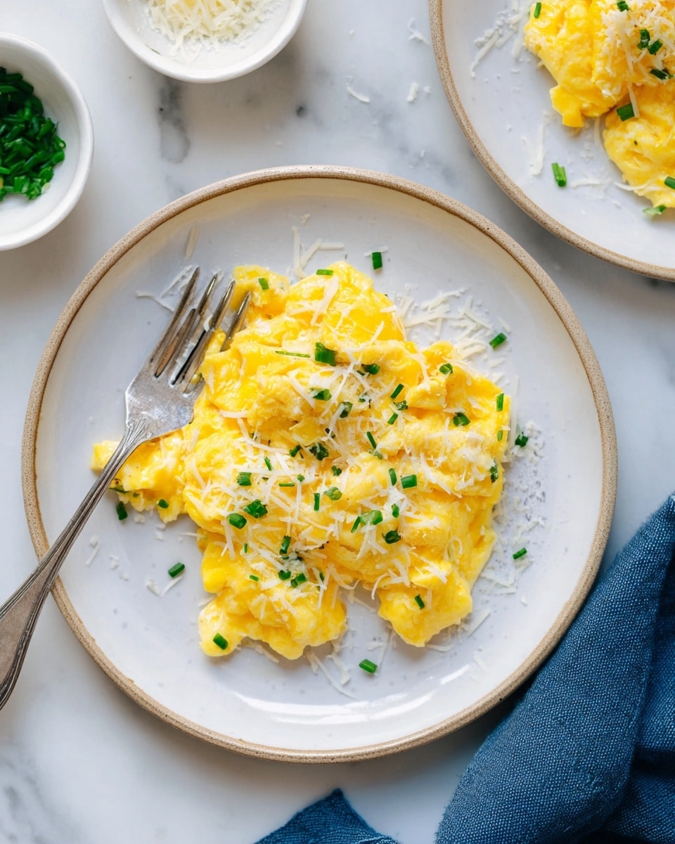 The image shows soft scrambled eggs on a white plate with a light brown rim, with layers of bright yellow and white egg curds mixed together. The eggs are topped with small green pieces of chopped chives and thin strands of grated white cheese scattered over the top. A silver fork rests on the left side of the plate, partially inserted into the eggs. To the top left of the plate, there are small white bowls with more grated cheese and chopped chives visible. The background is a white marbled surface with a folded blue cloth napkin on the lower right side. Photo taken with an iphone --ar 4:5 --v 7