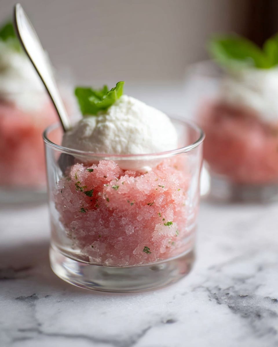 A clear glass cup filled with two layers: the bottom layer is a pink icy granita texture with small green herb bits mixed in, and the top layer is a soft dollop of white whipped cream or mousse sitting gently on the icy base. A small green mint leaf peeks out from under the white top layer, and a silver spoon leans inside the glass on the left side. The cup is placed on a white marbled surface with two more similar cups blurred in the background. Photo taken with an iphone --ar 4:5 --v 7