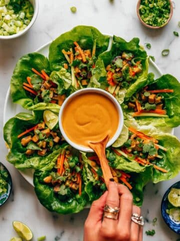 Crispy Tofu & Eggplant Lettuce Wraps with Tahini-Lime Dipping Sauce Recipe
