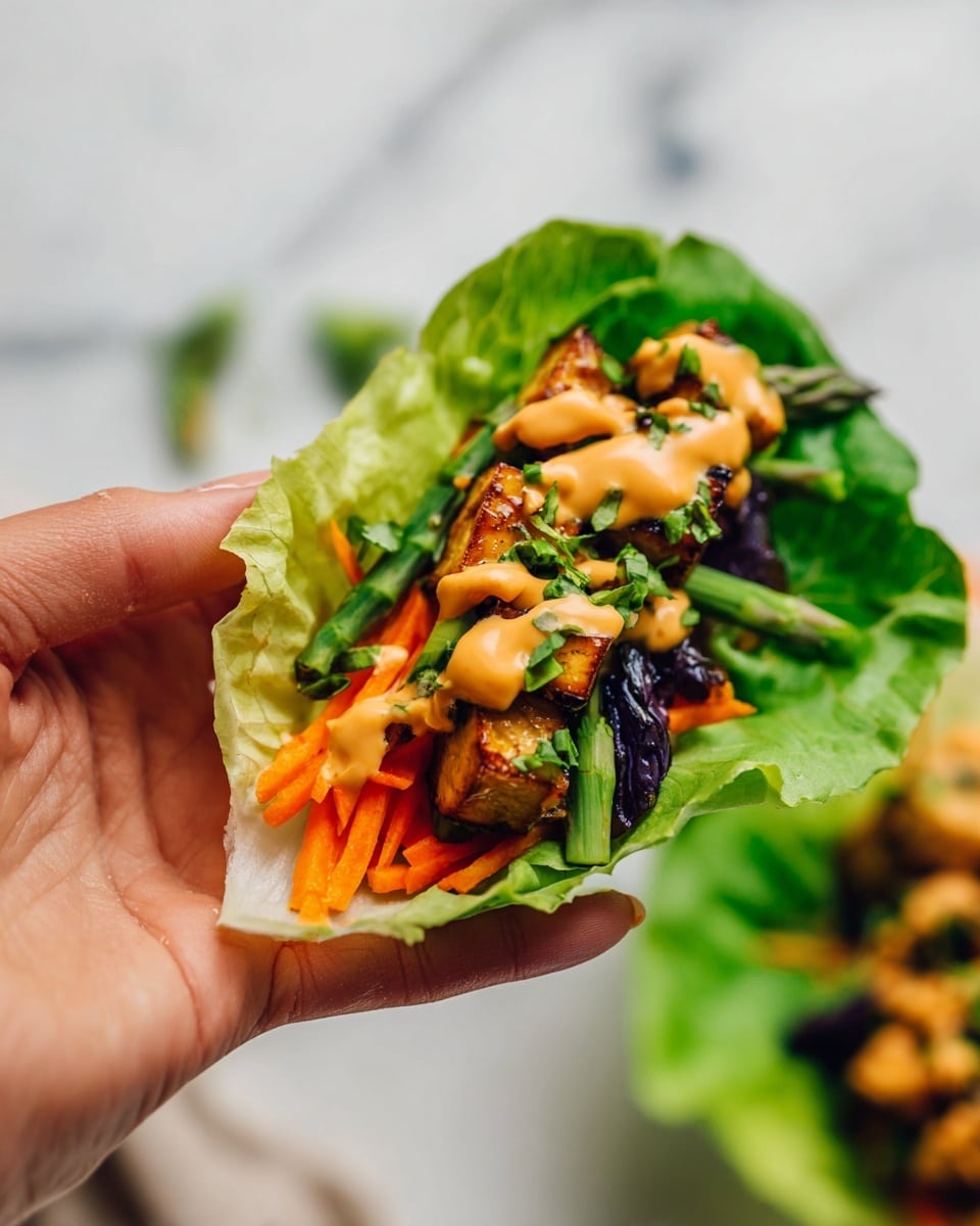 A close-up view of a lettuce wrap held by a woman's hand, showing three main layers: bright green lettuce forming the outer wrap, a middle layer of julienned orange carrots and thin green asparagus sticks, and a top layer of golden brown tofu cubes and dark purple eggplant pieces, all drizzled with a creamy light orange sauce and sprinkled with chopped fresh green herbs, set against a white marbled background. photo taken with an iphone --ar 4:5 --v 7