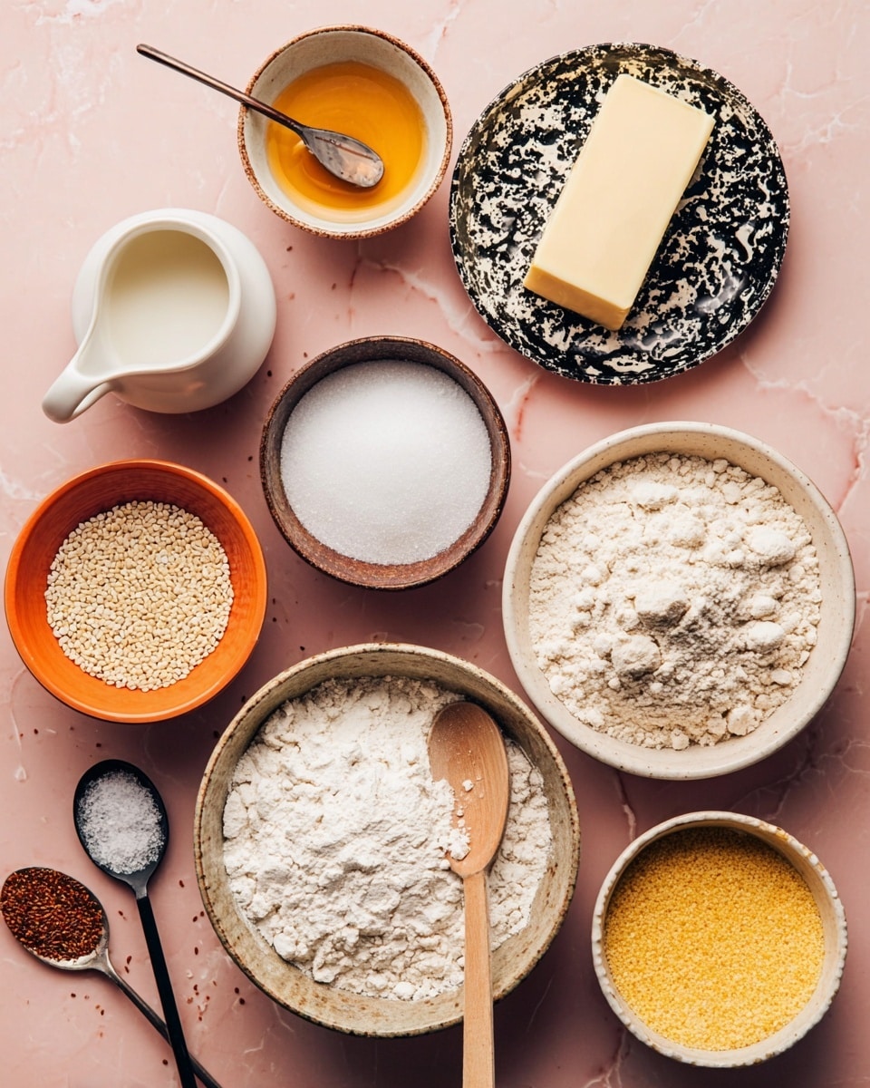 A top-down view of various baking ingredients arranged on a white marbled surface with a pink background tone. At the center bottom, there is a rustic beige bowl filled with white flour and a wooden spoon resting inside. To the left of the flour bowl, a small white pitcher contains milk, and next to it is a small brown bowl filled with white powdered sugar. Above, a black and white patterned plate holds a rectangular block of pale yellow butter. To the right of the butter, a small yellow and white bowl holds golden honey. Moving upward, a white bowl with black splashes contains beige yeast granules, next to it a similar patterned bowl is filled with a yellow crumbly powder. On the top left, an orange bowl holds a mix of white and black sesame seeds, and above it, a small white bowl has orange-brown sugar crystals. Finally, a black spoon on the far left holds a small amount of coarse white salt. photo taken with an iphone --ar 4:5 --v 7