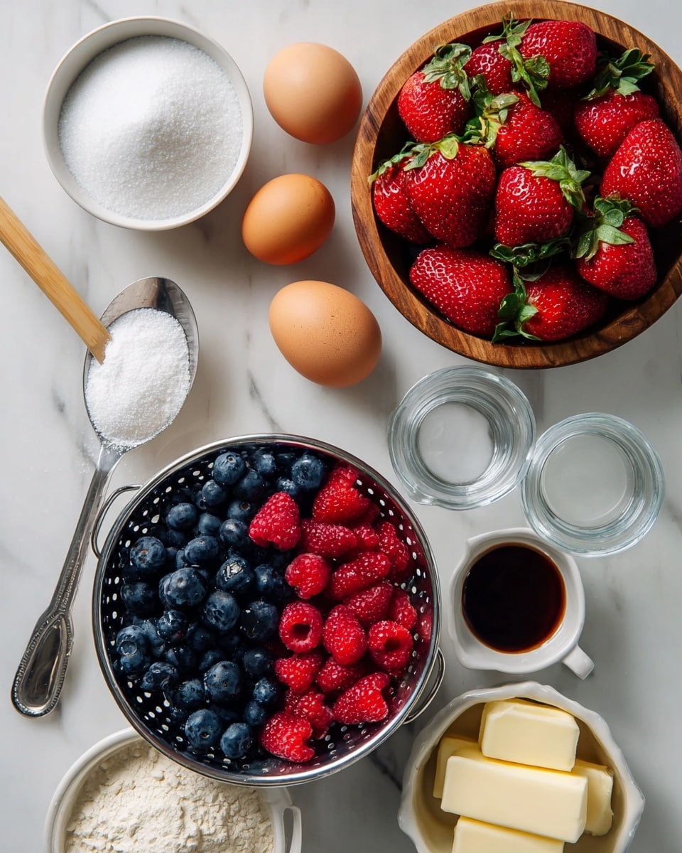 A white marbled surface holds ingredients arranged neatly: a small round wooden bowl full of bright red strawberries with green leaves on the right center; a shiny silver colander below filled with a mix of dark blue blueberries and vivid red raspberries; three light brown eggs spread in a curved line near the center; a round white bowl filled with white granulated sugar at the top left; next to it a metal spoon holding white salt; a clear glass measuring cup with clear liquid at the top right; a small white fluted bowl with dark brown vanilla extract below the strawberries; a small white bowl with two pale yellow sticks of butter at the bottom right; and a small dark bowl filled with white flour at the bottom center. photo taken with an iphone --ar 4:5 --v 7