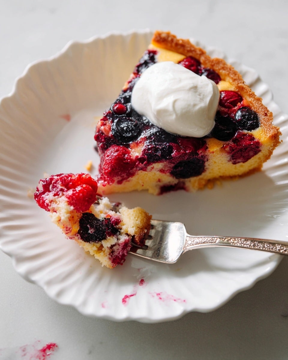 A piece of fruit tart sits on a white scalloped plate over a white marbled surface. The tart has two main layers: a golden crust base and a juicy, soft layer filled with red and dark purple berries, some of which are slightly sunken in. On top of the tart is a dollop of smooth white cream. A silver fork with ornate design holds a small portion of the tart mixed with cream, resting to the left of the main piece. A few berry crumbs and a small smear of cream appear on the plate near the tart photo taken with an iphone --ar 4:5 --v 7