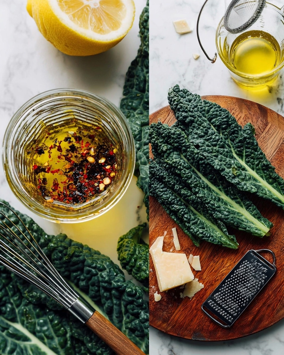 The image shows a close-up of two scenes side by side on a white marbled surface. On the left side, there is a clear glass jar with yellow oil inside, mixed with red and black spices, and bits of white garlic at the bottom. A silver whisk lies next to the jar on the surface, with half a lemon above it and dark green textured kale leaves nearby. On the right side, a round wooden board holds multiple dark green kale leaves fanned out in the center. To the right of the kale, there is a small black grater with a chunk of pale yellow cheese and some cheese shavings. A glass with a yellow liquid and a metal whisk inside is in the top right corner. photo taken with an iphone --ar 4:5 --v 7