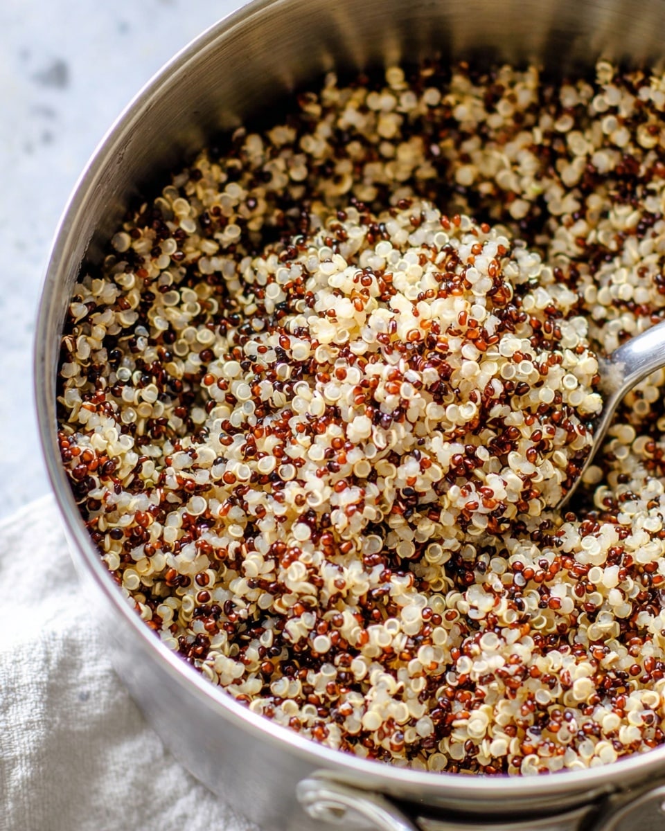The image shows a close-up of cooked tricolor quinoa inside a silver metal pot. The quinoa grains are small and round, with a mix of white, red, and black colors, giving a textured and slightly fluffy look. The quinoa fills the pot almost to the top, with some grains sticking to the sides of the pot. A silver spoon is partially visible, scooping up a portion of the quinoa from the right side. The background features a soft-textured white marbled surface, adding a clean and fresh look to the scene. photo taken with an iphone --ar 4:5 --v 7