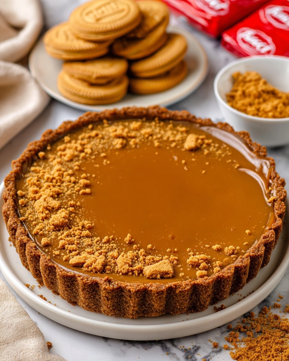 A round tart on a white plate with a thick, crumbly brown crust forming the bottom and sides, filled with a shiny, smooth caramel-colored layer spread evenly, topped with scattered golden brown crumbs mostly around the edges. In the background, there is a white plate filled with stacked sandwich cookies, wrapped cookie packs with red labels, and a white bowl containing more golden brown crumbs all on a white marbled surface. Photo taken with an iphone --ar 4:5 --v 7