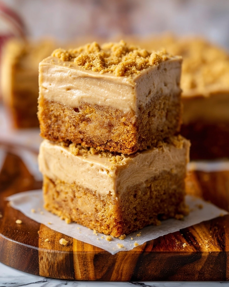 The image shows a square piece of layered dessert placed on a wooden board. The dessert has two thick layers: the bottom layer is a dense, textured cake with visible small chunks inside, colored light brown with darker specks, and the top layer is a smooth, creamy caramel-colored frosting. The frosting is topped with small crunchy crumbles scattered evenly across the surface. Several more pieces of the same dessert, all cut into squares, are aligned closely in the background. There are two round golden brown cookies with a patterned surface placed near the wooden board on top of a white marbled texture with sheet music underneath. The photo taken with an iphone --ar 4:5 --v 7