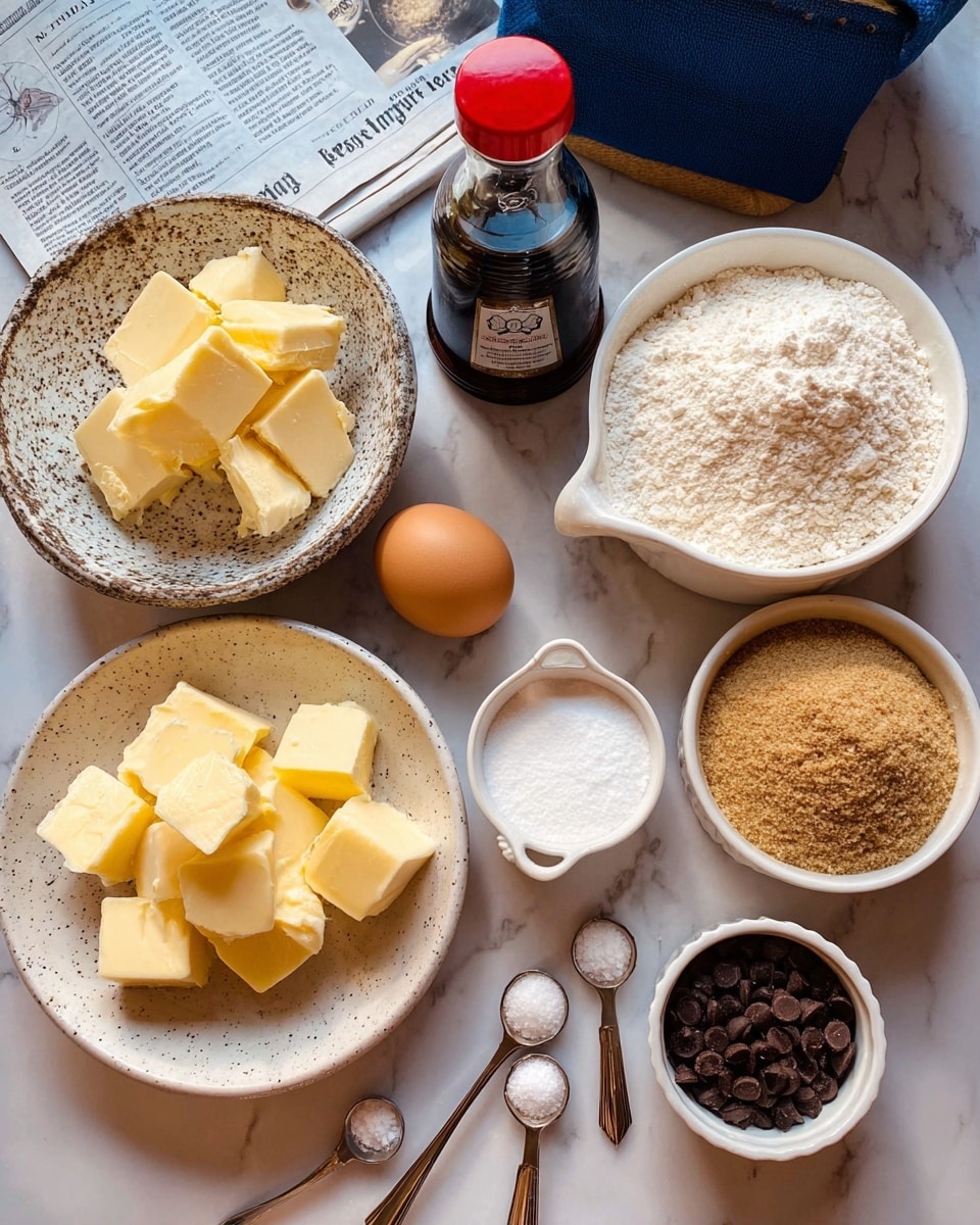 The image shows a white marbled surface with several white bowls and dishes holding different baking ingredients. On the left, a speckled white plate holds chunks of yellow butter. Nearby, a white bowl contains an egg yolk, while a fresh brown egg stands alone next to it. Above, a medium-sized white bowl is filled with flour, and next to it, a small bottle of pure vanilla extract with a red cap stands upright. There is a white ramekin filled with white sugar, and another white ramekin holds light brown almond meal. A small white ramekin contains dark brown chocolate chips. In front, there are three small wooden and metal spoons with salt, baking soda, and baking powder. The overall setup is neat, with some sheets of newspaper and a blue bag in the background. Photo taken with an iphone --ar 4:5 --v 7