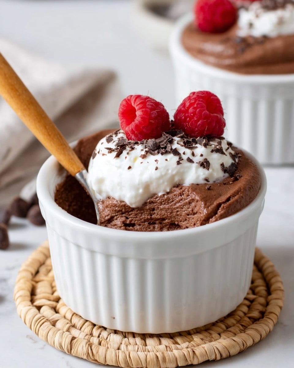 Two small white bowls are filled with thick, smooth chocolate mousse. Each bowl has a dollop of white cream in the center, topped with dark chocolate shavings and two bright red raspberries on top. One bowl is in the foreground on a light woven coaster, with a woman's hand holding a wooden spoon scooping some mousse. The background shows a second bowl on another similar coaster, and a cup of coffee with light brown foam on the white marbled surface. photo taken with an iphone --ar 4:5 --v 7