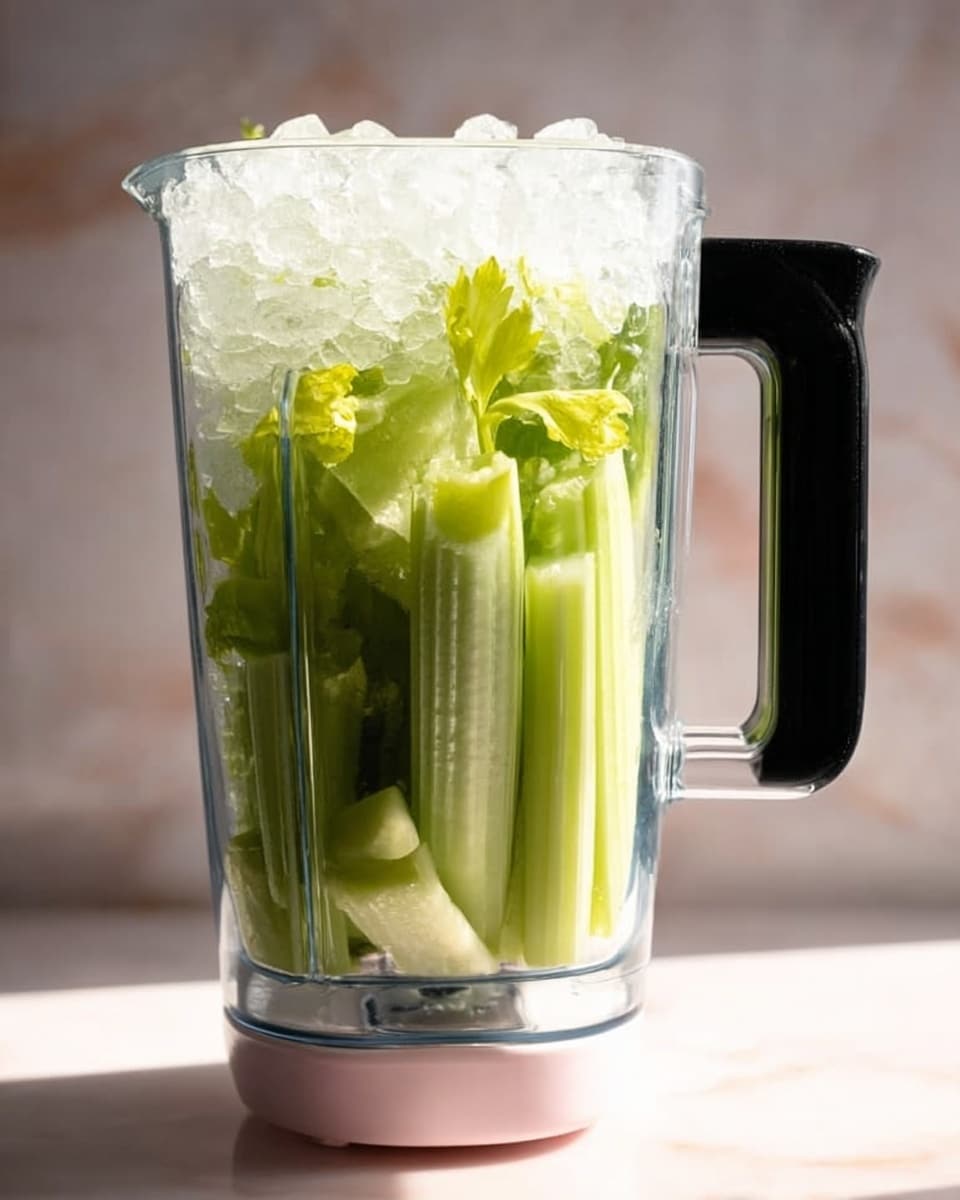 A clear blender jar filled with light green celery stalks standing upright, topped with a layer of crushed ice. The jar has a black handle on the right side and sits on a pink base. Light shines through the contents, showing the fresh texture of the celery and the ice pieces clearly. The background is softly lit with a white marbled texture beneath the blender. photo taken with an iphone --ar 4:5 --v 7