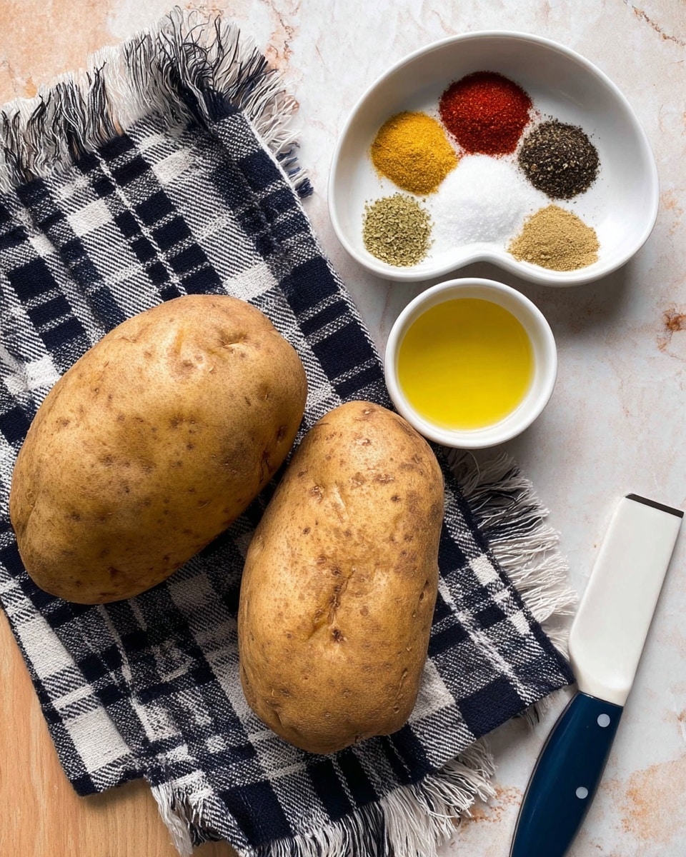 Two large potatoes with mottled brown skins lie side by side on a black and white checked cloth with fringed edges, placed on a white marbled surface. To their right, a white bowl holds six neatly arranged piles of various spices in yellow, beige, black, green, white, and red colors, forming a circle. Below it, a small white bowl is filled with bright golden-yellow oil. Part of a white knife with a dark blue handle appears on the bottom right corner, resting on the white marbled surface. Photo taken with an iphone --ar 4:5 --v 7
