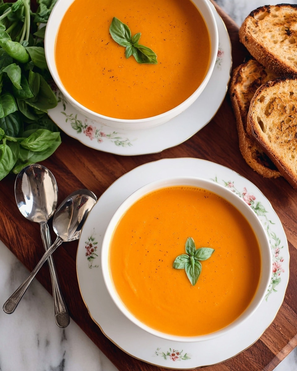 Two white bowls filled with smooth orange soup are placed on a brown wooden surface. Each bowl is topped with a small green herb sprig in the center. The bowl on the bottom left rests on a white plate with a floral pattern around the edge, while the bowl on the top right is without a plate. To the right of the bowls, there are two slices of toasted bread with visible char marks and a crunchy texture. Fresh green leafy herbs are visible in the top left corner, next to two shiny silver spoons. The whole scene is set on a white marbled surface photo taken with an iphone --ar 4:5 --v 7