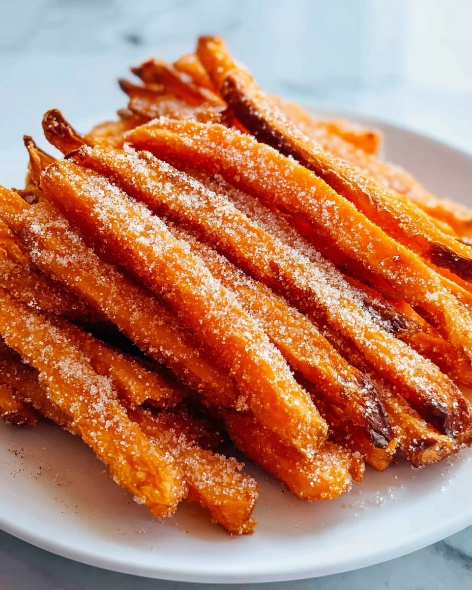 The image shows a white plate filled with two layers of long, crispy, orange sweet potato fries with darker brown edges, dusted evenly with a light coating of granulated sugar and cinnamon powder. The fries are piled closely together, showing a slightly rough and crunchy texture. The background features a white marbled surface. Photo taken with an iphone --ar 4:5 --v 7