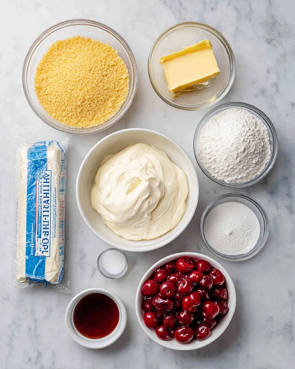 The image shows seven bowls and a wrapped block of cream cheese arranged on a white marbled surface. From top left, a clear glass bowl filled with a yellow crumbly layer, likely graham cracker crumbs. To its right, a smaller glass bowl with a melted yellow buttery layer. Below the crumbly bowl is a small clear bowl with white granulated sugar. In the center, a large white bowl filled with smooth, creamy white filling with a small mound in the middle. Below this bowl is a small white bowl containing a dark brown liquid, likely vanilla extract. To the right of this, a clear bowl with fine white powder that looks like sifted flour or powdered sugar. At the bottom, a glass bowl filled with bright red cherries in syrup, shining and wet. To the left of the powder is a block of cream cheese wrapped in white packaging with blue 'PHILADELPHIA' text. The whole setup is neat and easy to see against the white marbled surface. Photo taken with an iphone --ar 4:5 --v 7