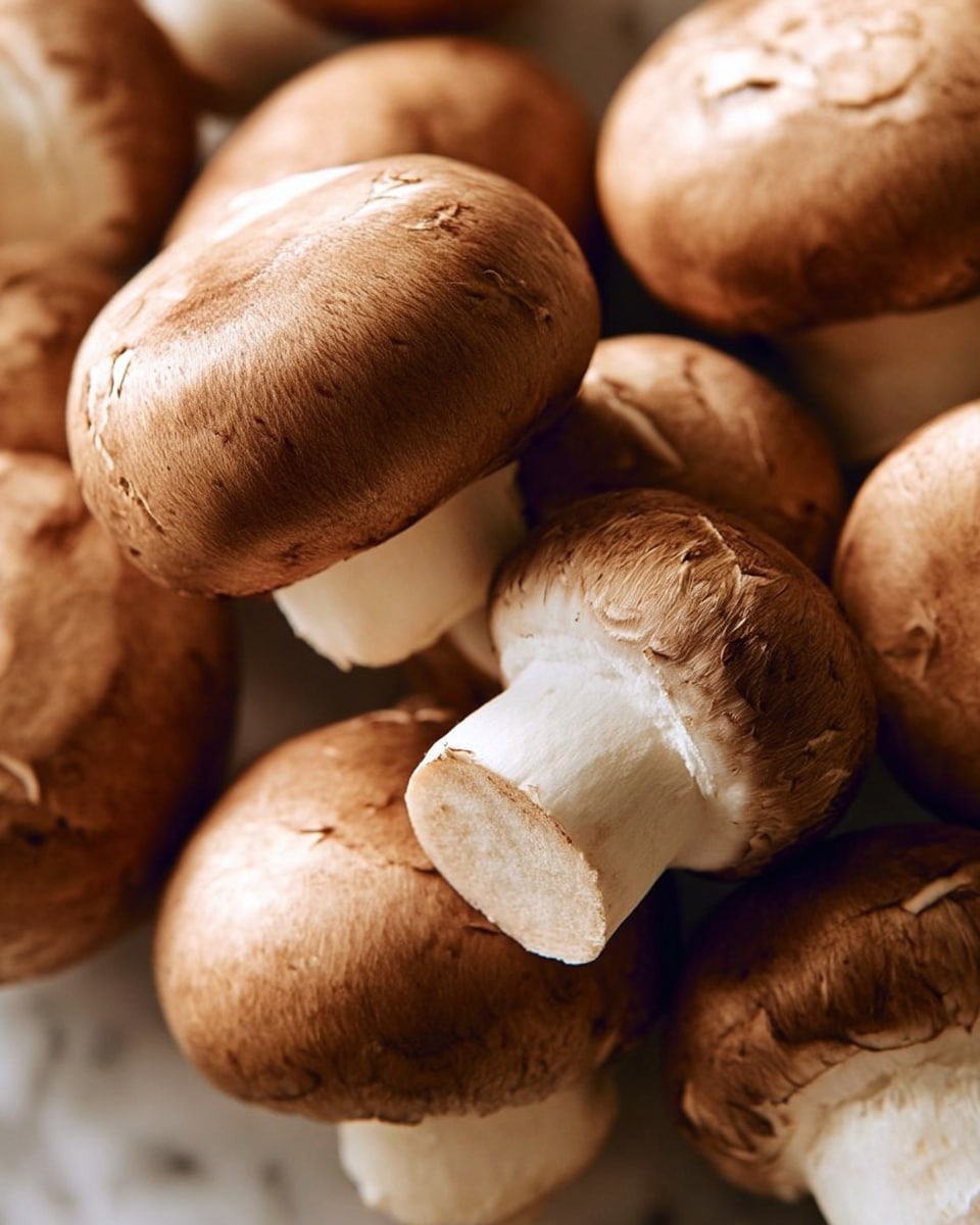 A close-up image shows fresh whole brown mushrooms with smooth, round caps and thick white stems packed closely together, filling the frame. The mushrooms’ caps have a light texture with small natural cracks and soft highlights from the lighting. The background has a soft focus, keeping attention on the detailed surface of the mushrooms up front. The entire scene rests on a white marbled texture. photo taken with an iphone --ar 4:5 --v 7