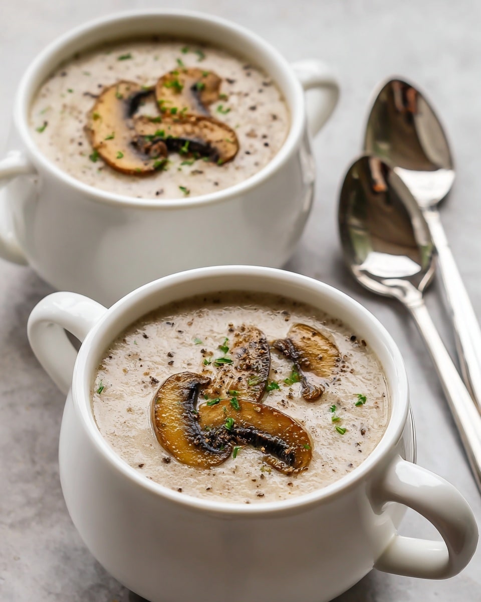 Two white cups filled with creamy soup placed on a white marbled surface. The soup has a thick, smooth beige base with small dark specks inside, likely herbs and spices. Floating on top are several slices of cooked mushrooms, brown with a slightly glossy texture. The soup is sprinkled with finely chopped green herbs and a light dusting of black pepper. A silver spoon is next to one of the cups. Photo taken with an iphone --ar 4:5 --v 7