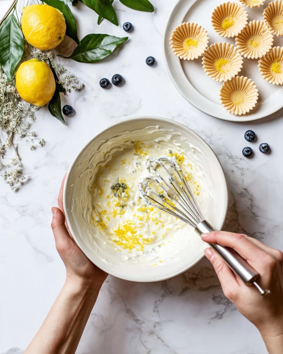 A pair of woman's hands is seen holding a white mixing bowl placed on a white marbled surface. Inside the bowl, there is a mixture with a creamy white base and yellow zest scattered throughout. The woman's hand is holding a metal whisk stirring the mixture. To the right of the bowl, there is a white plate with several small pastry shells arranged neatly. Around the bowl and plate, there are green leaves, a yellow lemon, and some scattered blueberries adding color contrast. Photo taken with an iphone --ar 4:5 --v 7