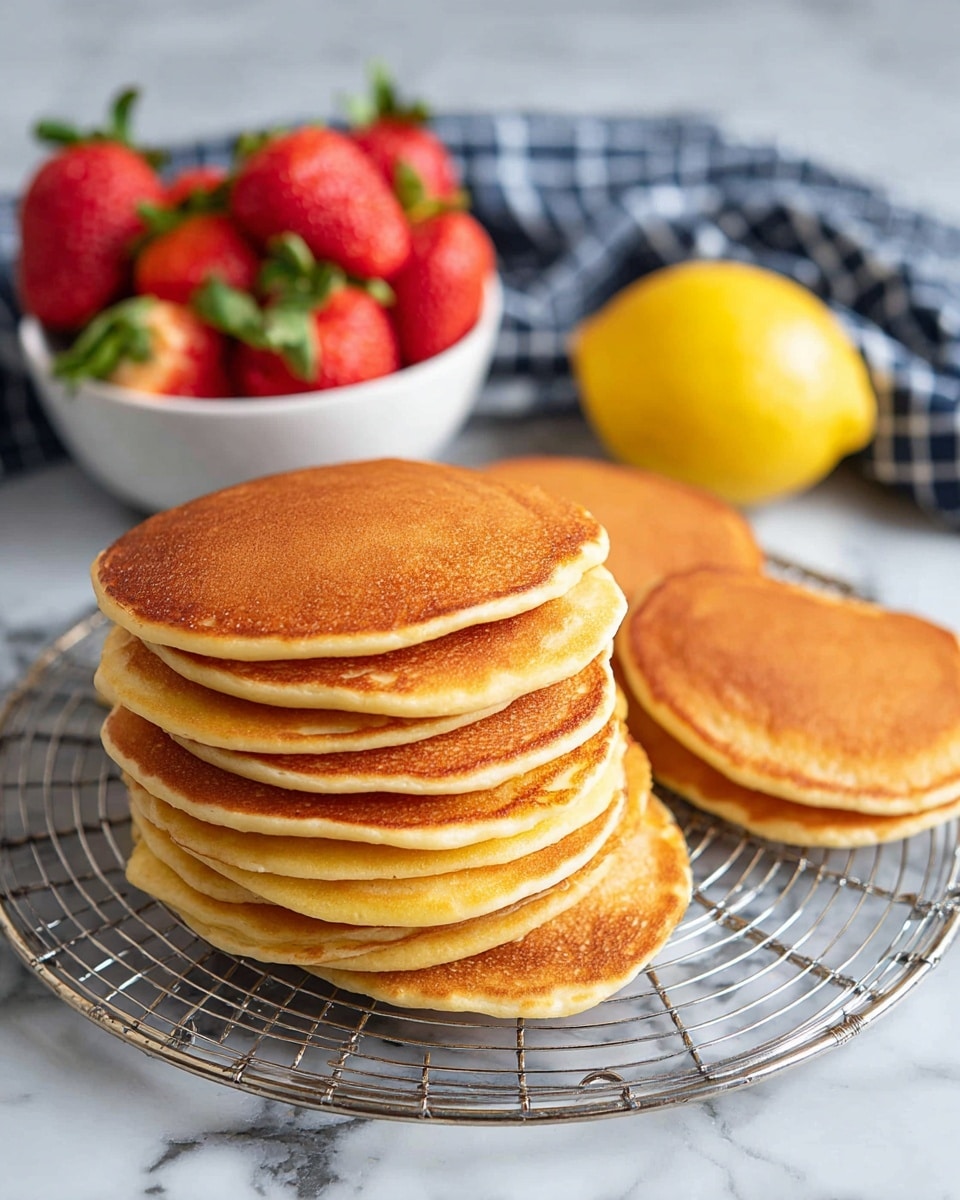 A stack of around eight golden brown pancakes is arranged on a round cooling rack, showing their smooth, slightly crispy edges and soft textured tops, with some pancakes darker on one side. Behind the pancakes, there is a white bowl filled with bright red strawberries with green leaves, and a single yellow lemon placed nearby. The scene is set on a white marbled surface with a blurred blue and white checkered cloth in the background. Photo taken with an iphone --ar 4:5 --v 7