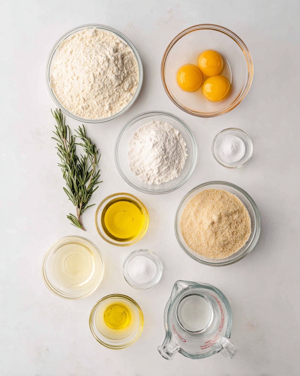 The image shows eleven clear glass bowls and a clear measuring cup arranged neatly on a white marbled surface. At the top right is a bowl with two cracked yellow eggs. To its left, a larger bowl holds a light tan powdery ingredient. Below the eggs is a small bowl of white flour, next to a small bunch of green rosemary sprigs. Below the tan powder is another bowl filled with a fine white powder. To its left is a small bowl of yellow oil. Beneath that is a small bowl with a light yellow liquid. Next to it, a tiny bowl holds a pinch of white substance. Below the flour bowl is a small bowl filled with light brown granules. At the bottom of the image, a clear measuring cup contains clear liquid, and a silver spoon rests inside it. photo taken with an iphone --ar 4:5 --v 7