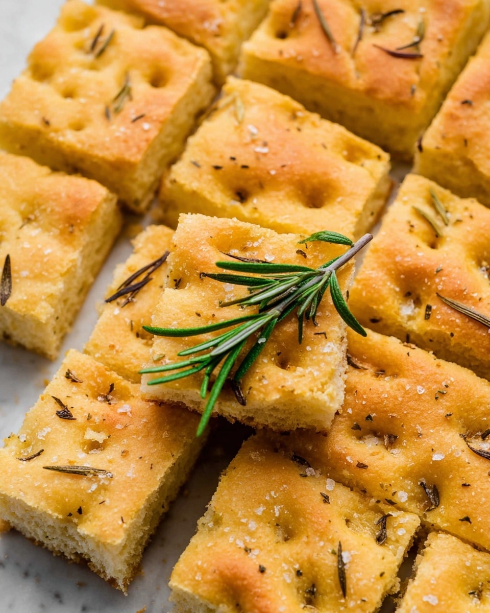 This image shows multiple square pieces of golden brown focaccia bread arranged closely together on a white marbled surface. The focaccia has small dimples on its soft texture, sprinkled with coarse sea salt and chopped rosemary leaves giving a light speckled look. In the middle left side, a small sprig of fresh rosemary with green needle-like leaves lays flat on top of the bread, adding fresh color contrast. The bread looks fluffy and slightly crisp on top, showing a warm and inviting appearance. Photo taken with an iphone --ar 4:5 --v 7