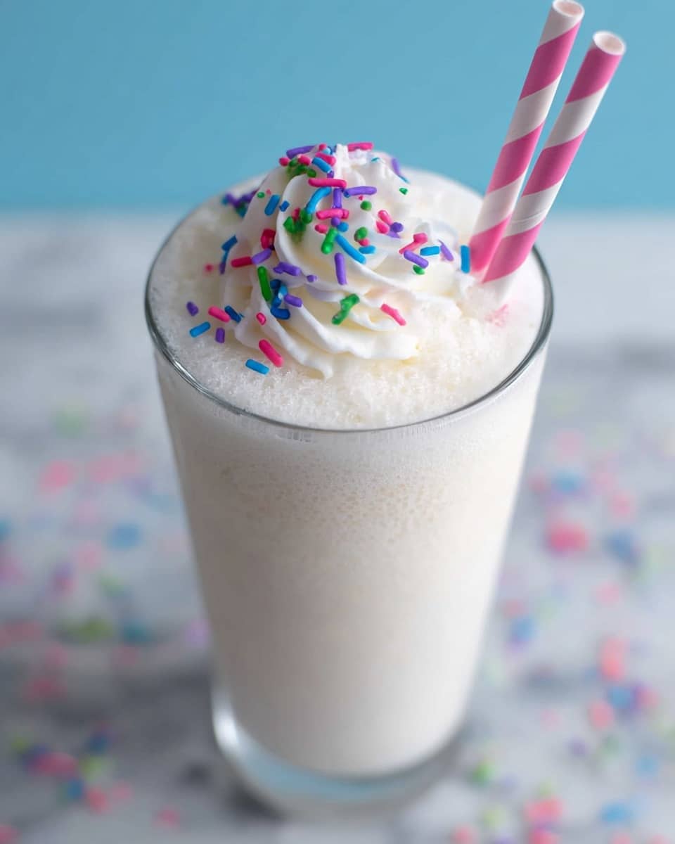 The image shows a tall clear glass filled with a creamy white milkshake that has a slightly frothy texture on top. On the milkshake’s surface, there is a swirl of white whipped cream placed in the center, decorated with colorful sprinkles in bright blue, purple, pink, green, and red. A pink and white striped paper straw is inserted into the milkshake on the right side, standing upright. The glass sits on a white marbled surface with a soft blue background behind it. Photo taken with an iphone --ar 4:5 --v 7