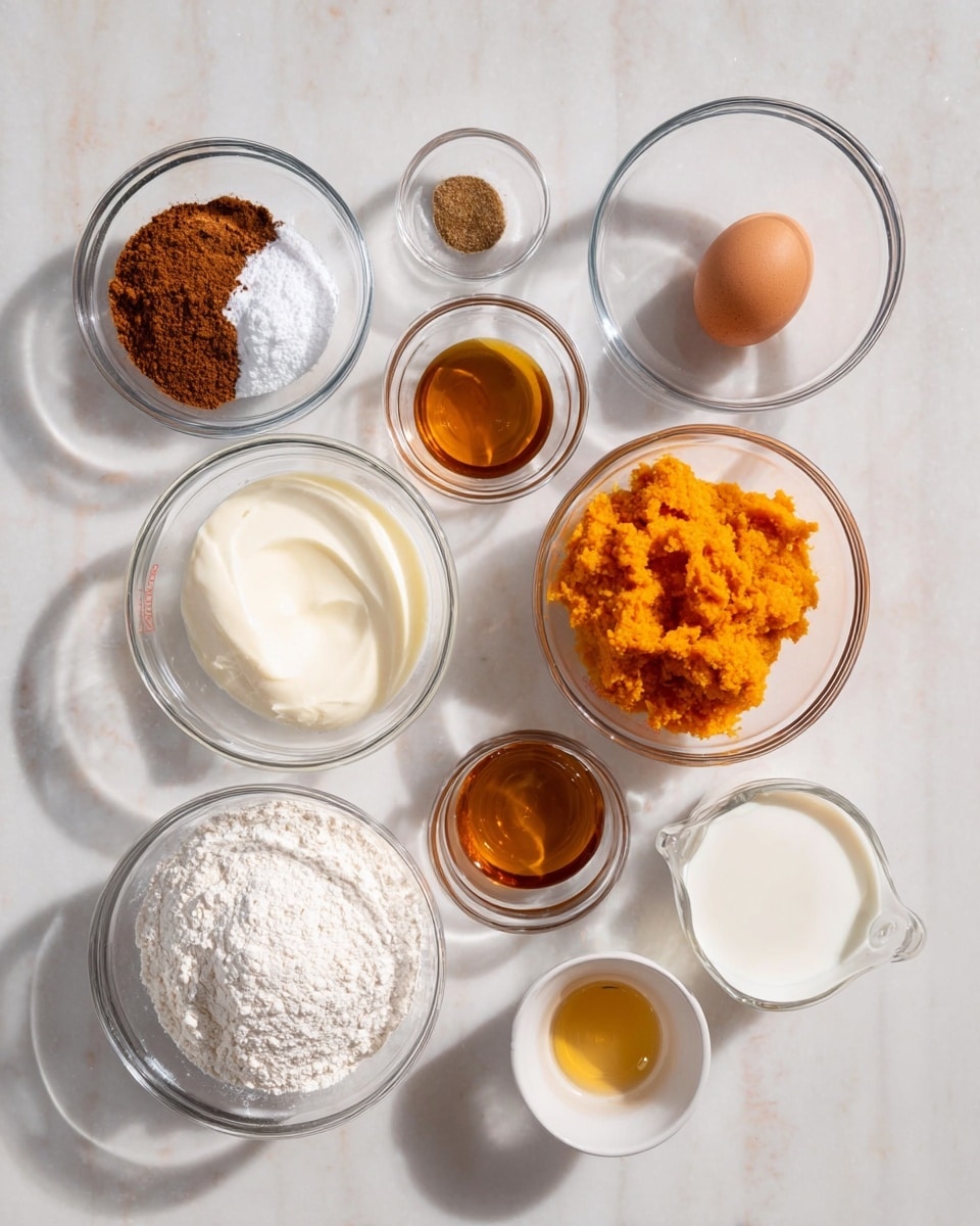 The image shows eight clear glass bowls and one clear glass measuring cup arranged neatly on a white marbled surface. The bowls and cup contain different baking ingredients: the top left bowl has brown and white powder spices, next to it on the right is a bowl with a single brown egg, then a bowl with bright orange mashed pumpkin, and a bowl with melted butter. Below, from left to right, is a clear glass measuring cup filled with white milk, a bowl filled with white flour, a small bowl with golden brown vanilla extract, and a bowl with light brown syrup or honey. The ingredients are evenly spaced with soft natural light coming from above, creating soft shadows. photo taken with an iphone --ar 4:5 --v 7