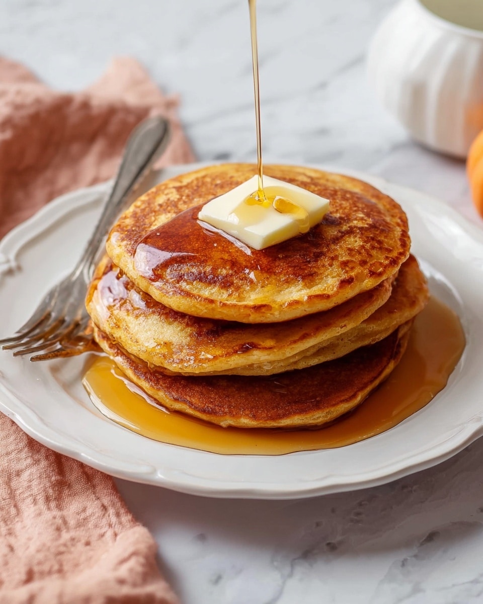 A stack of four golden brown pancakes sits in the center of a white plate on a white marbled surface, topped with a small square of melting white butter. The pancakes have a soft, slightly textured surface with some darker edges. A wedge-shaped slice is cut out from the stack's side, revealing the light brown fluffy layers inside. A silver fork holds the cut slice, and a silver knife rests on the plate's right side. In the background on the left are a small white pumpkin and a pale mauve cloth under the plate. Photo taken with an iphone --ar 4:5 --v 7