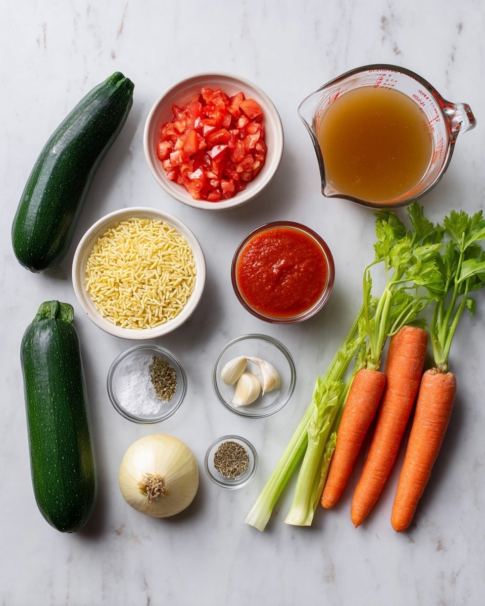 The image shows ingredients for cooking laid out neatly on a white marbled surface. On the left, there are two whole dark green zucchinis. Next to them, there is a small white bowl filled with chopped red tomatoes, a small clear bowl with uncooked yellow orzo pasta, a cup of light brown broth in a glass measuring cup, and a small glass bowl of red tomato paste. In the middle, there are two small clear bowls: one with salt and pepper and another with salt, pepper, and dried herbs. Near the top center are two cloves of garlic and a whole yellow onion. On the right side, three medium-sized bright orange carrots with green leaves on top are placed next to three light green celery stalks with fresh leaves. The overall arrangement is flat and evenly spaced across the surface. photo taken with an iphone --ar 4:5 --v 7