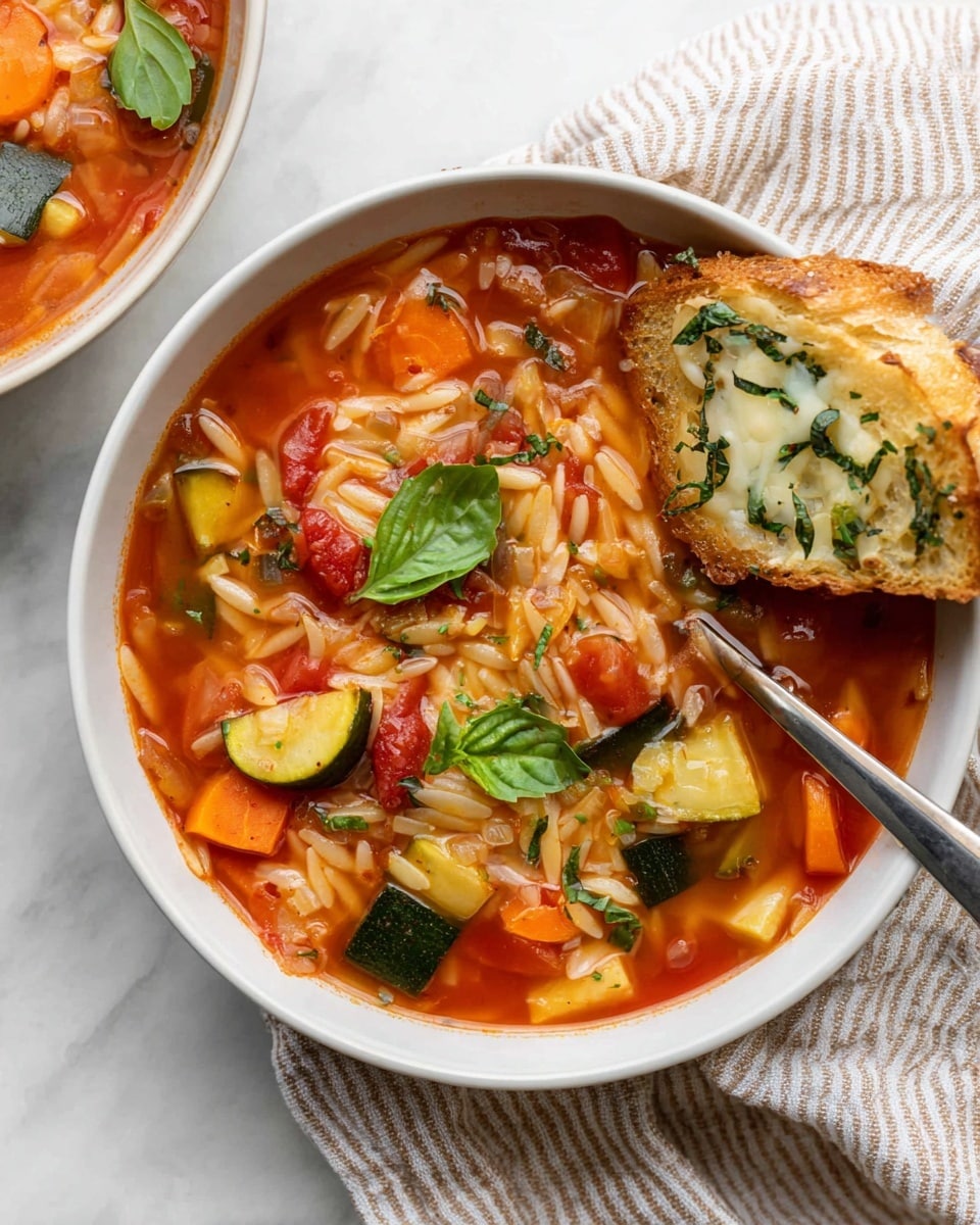 A white bowl filled with bright red tomato-based soup that has orzo pasta, green zucchini slices, orange carrot cubes, and fresh green basil leaves floating on top; a toasted small piece of bread covered with melted cheese and herbs rests on the edge of the bowl; the bowl is placed on a light beige and white striped cloth over a white marbled surface, and a spoon is partially dipped into the soup photo taken with an iphone --ar 4:5 --v 7