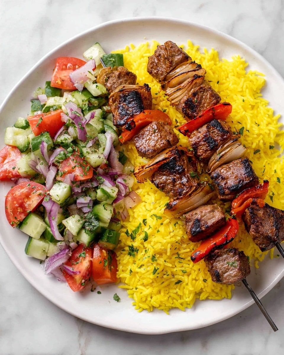A white plate with a base layer of bright yellow rice spread evenly, topped on the right side with two metal skewers holding grilled chunks of brown meat, red bell pepper pieces, and light brown onion slices threaded alternately. On the left side of the plate is a colorful salad made of chopped green cucumber, red tomato, and thin slices of purple onion, scattered with green herbs. The plate sits on a white marbled surface. Photo taken with an iphone --ar 4:5 --v 7