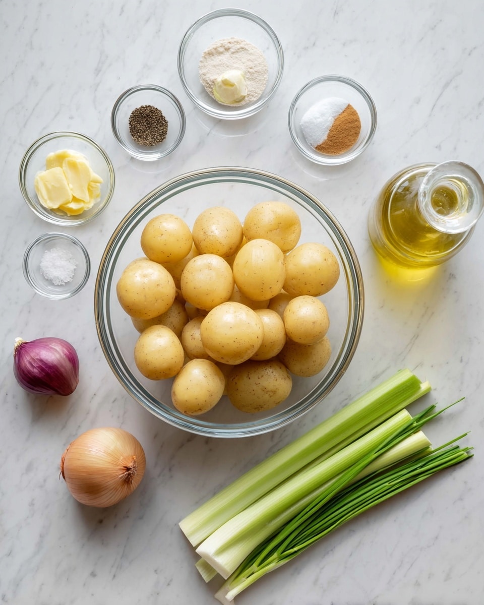The image shows a white marbled surface with multiple clear glass bowls placed on it. In the center, a large glass bowl is filled with small yellow potatoes, stacked in layers. To the top left, there are small glass bowls containing black pepper, mustard, and white creamy ingredients, arranged neatly. Below them is another small bowl with a clear liquid and another with white salt. To the top right is a small purple onion and a tiny bowl with a brown liquid. Next to it are three long, light green celery stalks lying flat on the surface. Beside the celery, a small bunch of green chives is placed. To the far right, a white bottle filled with golden olive oil is positioned. The whole setup is clean, simple, and bright, with a soft natural light illuminating the textures and colors. Photo taken with an iphone --ar 4:5 --v 7